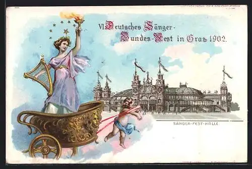 Lithographie Graz, VI. Deutsches Sänger-Bundes-Fest 1902, Sängerfesthalle, Frau mit Harfe u. Fackel