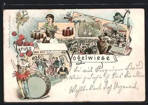 Vorläufer-Lithographie Dresden, 1895, Dresdener Vogelwiese, Schankmagd mit Bier