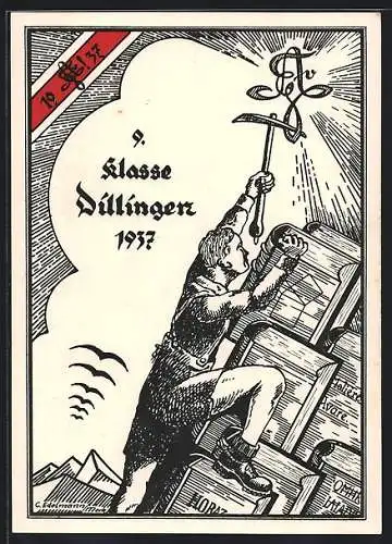 Künstler-AK Dillingen / Donau, Student mit Pickel klettert am Studentenwappen auf den Gipfel des Buchberges