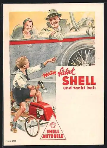 Künstler-AK Reklame für Shell-Tankstellen, Autofahrer im Gespräch mit einem Knaben