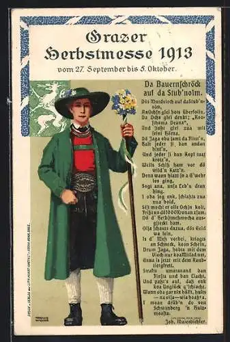 Künstler-AK Graz, Herbstmesse 1913, Bauer in Tracht, Gedicht