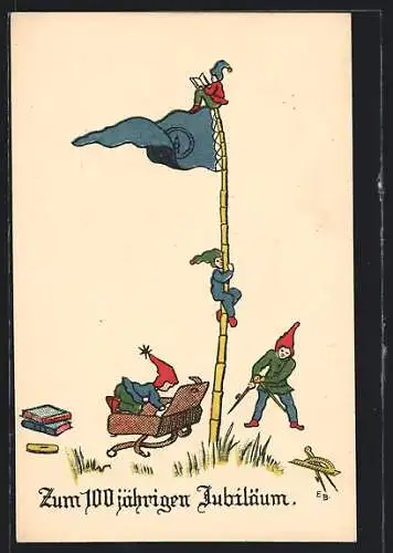 Künstler-AK Lyzeum Jost 1824-1924, Zwerge auf dem Fahnenmast, studentische Szene