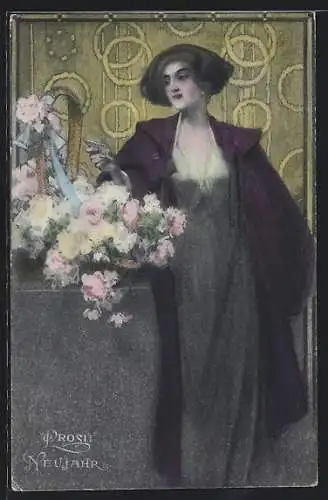 AK Frau neben einem Korb mit Blumen, Jugendstil