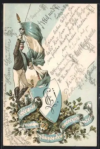 Lithographie Student erhebt den Dolch hinter dem Studentenwappen