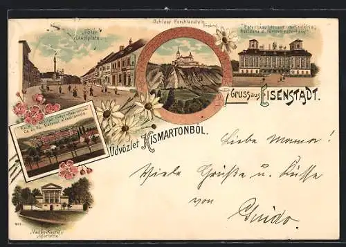Lithographie Eisenstadt, Hauptplatz, Schloss Forchtenstein, Militär-Unterrealschule