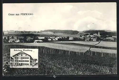 AK Perwang, Bräuhaus Wendlberg, Ortsansicht aus der Vogelschau