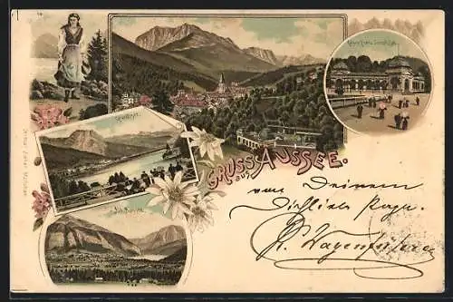 Lithographie Aussee, Kaiser Franz Joseph-Bad, Ortsansicht aus der Vogelschau