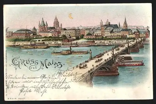 Lithographie Mainz, Dampfer an der Rheinbrücke: Halt gegen das Licht: Häuser der Stadt mit beleuchteten Fenstern