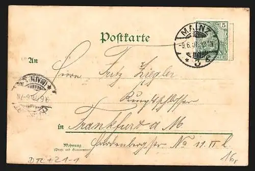 Lithographie Mainz, Dampfer an der Rheinbrücke: Halt gegen das Licht: Häuser der Stadt mit beleuchteten Fenstern