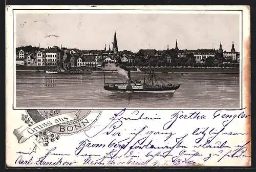 Vorläufer-Lithographie Bonn, 1890, Rhein-Dampfer passieren die Stadt