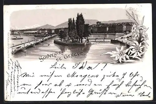 Vorläufer-Lithographie Geneve, 1895, Teilansicht der Stadt, Partie am Wasser