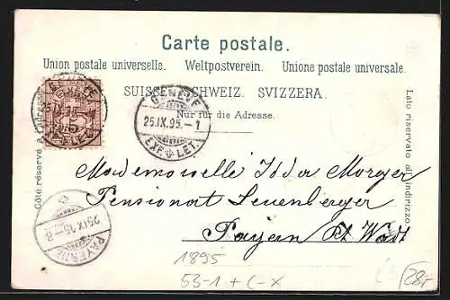 Vorläufer-Lithographie Geneve, 1895, Teilansicht der Stadt, Partie am Wasser