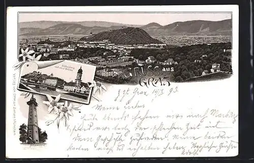 Vorläufer-Lithographie Graz, 1893, Schlossberg und neue Brücke, Hilmwarte, Panorama
