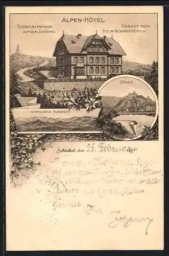 Vorläufer-Lithographie Graz, 1894, Alpen Hotel Stubenberghaus auf dem Schöckel, Panorama mit Schlossberg