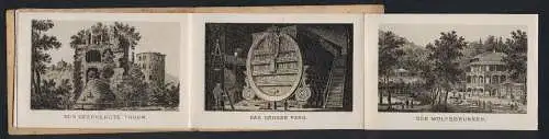 Leporello-Album Heidelberg mit 12 Lithographie-Ansichten, Stückgarten, das grosse Fass, gesprengter Turm, Molkenkur