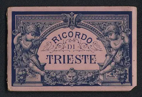 Leporello-Album Trieste mit 12 Lithographie-Ansichten, Herpelje bahnhof, Miramar, Municipalgebäude, Südbahnhof, Börse