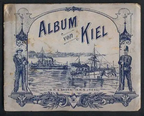 Leporello-Album Kiel mit 13 Lithographie-Ansichten, Kaiserliche Werft, Panorama mit Kriegshafen, Marine Akademie, Uni