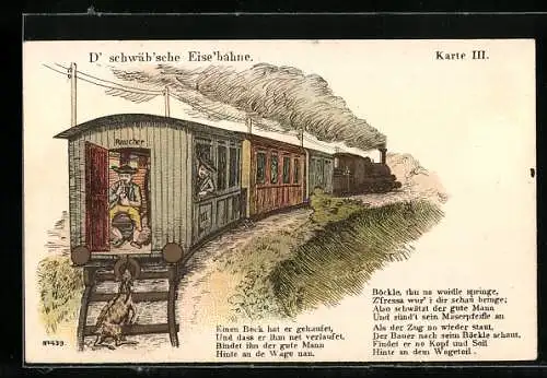Lithographie Schwäbische Eisenbahn, Bauer hat seinen Ziegenbock ans Zugende gebunden