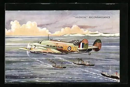 Künstler-AK Flugzeug Hudson Reconnaissance mit Kriegsschiffen