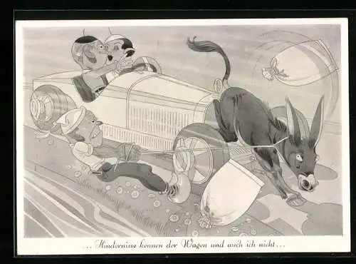 Künstler-AK Auto überfährt einen Esel