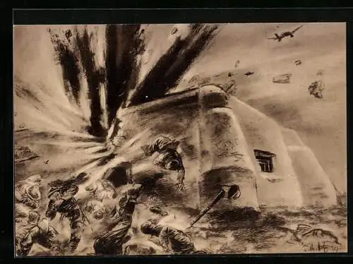 Künstler-AK Deutsche Stukas greifen polnischen Bunker an