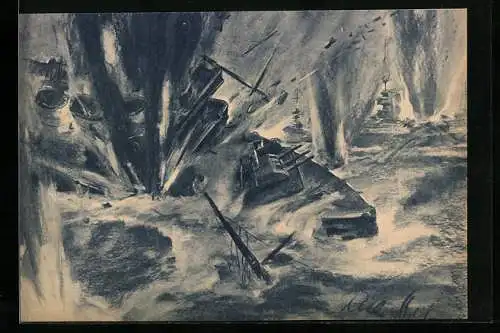 Künstler-AK Deutsche Flieger über Scapa Flow, Bomben hageln auf britische Kreuzer