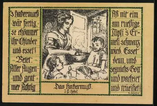 Notgeld Schopfheim 1921, 50 Pfennig, Mutter gibt den Kindern Hafermus