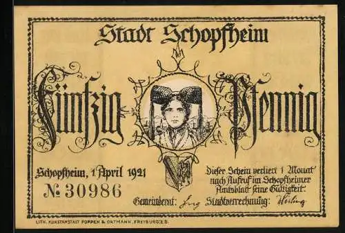 Notgeld Schopfheim 1921, 50 Pfennig, Joh. Peter Hebel, Konterfei