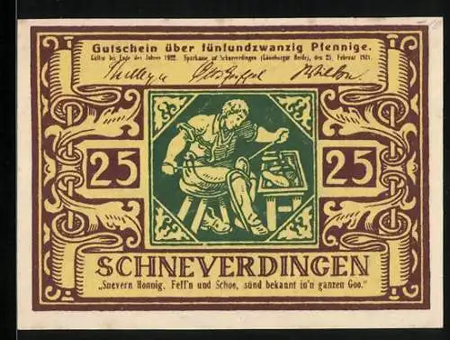 Notgeld Schneverdingen 1921, 25 Pfennig, Schumacher in grün