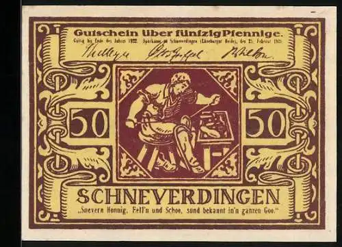 Notgeld Schneverdingen 1921, 50 Pfennig, Schumacher bei der Arbeit
