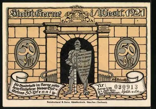 Notgeld Herne i. Westf. 1921, 50 Pfennig, Mann mit Axt kommt aus der Stadt