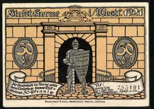 Notgeld Herne i. Westf. 1921, 50 Pfennig, Mann mit Axt schlägt Ritter nieder