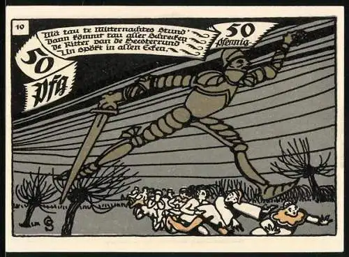 Notgeld Herne i. Westf. 1921, 50 Pfennig, Riesiger Ritter vertreibt die Bürger