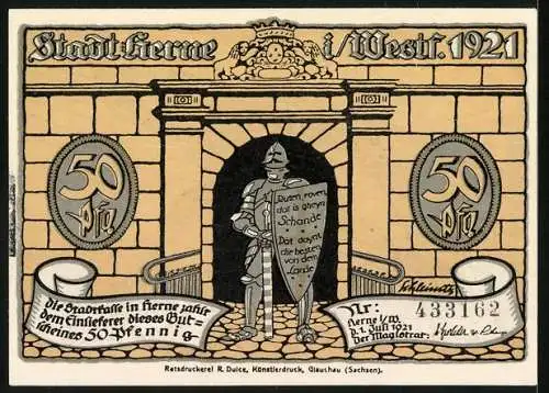 Notgeld Herne i. Westf. 1921, 50 Pfennig, Riesiger Ritter vertreibt die Bürger