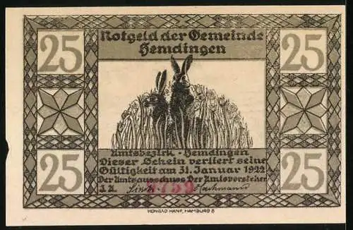 Notgeld Hemdingen, 25 Pfennig, Eichhörnchen und kleiner Vogel unter einer Eiche