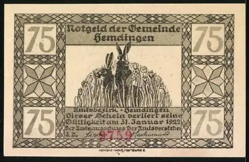 Notgeld Hemdingen, 75 Pfennig, Zwei Rehe im Schnee, eines liegend