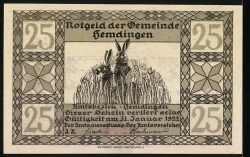 Notgeld Hemdingen, 25 Pfennig, Igel an einer Mauer