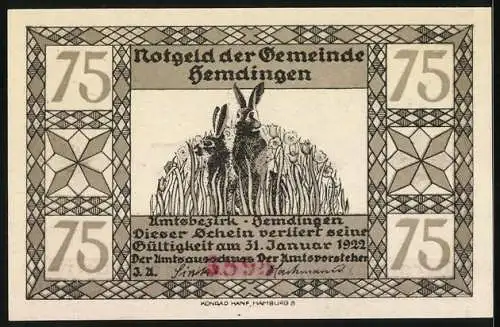 Notgeld Hemdingen, 75 Pfennig, Wildschwein in winterlicher Landschaft