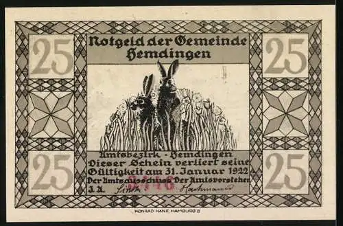 Notgeld Hemdingen, 25 Pfennig, Eichhörnchen und Vogel auf der Wiese