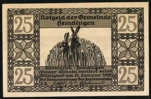 Notgeld Hemdingen, 25 Pfennig, Igel läuft an einer Mauer entlang