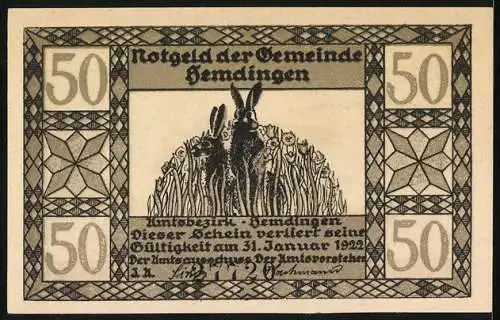 Notgeld Hemdingen, 50 Pfennig, Hase auf einer Wiese im Sonnenaufgang