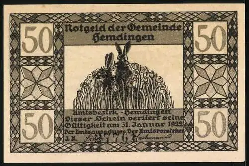 Notgeld Hemdingen, 50 Pfennig, Rotfuchs im hohen Gras