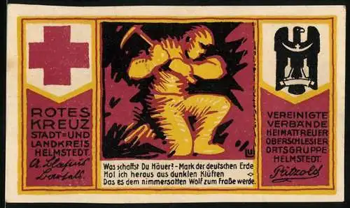 Notgeld Helmstedt, 50 Pfennig, Bergmann mit Spitzhacke, Rotes Kreuz