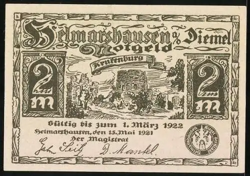 Notgeld Helmarshausen a. d. Diemel 1921, 2 Mark, Die Krukenburg