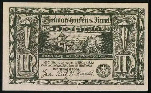 Notgeld Helmarshausen a. d. Diemel 1921, 1 Mark, Die Sababurg
