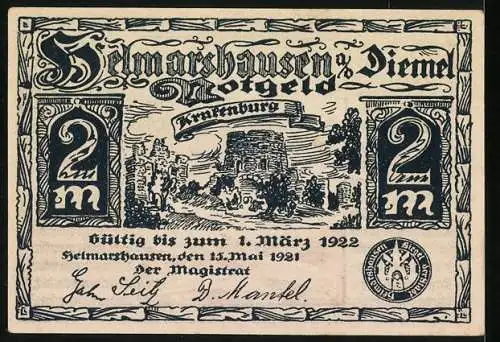 Notgeld Helmarshausen a. d. Diemel 1921, 2 Mark, Die Krukenburg