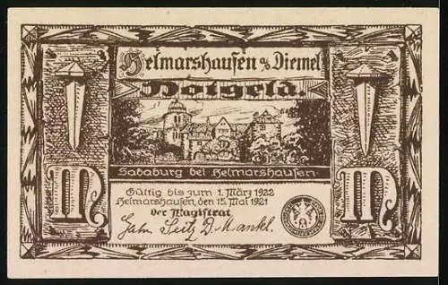 Notgeld Helmarshausen a. d. Diemel 1921, 1 Mark, Ansicht der Sababurg