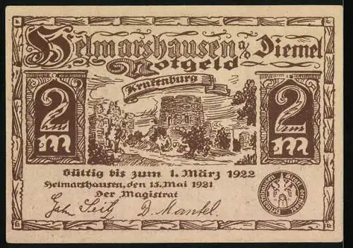 Notgeld Helmarshausen a. d. Diemel 1921, 2 Mark, Ansicht der Krukenburg