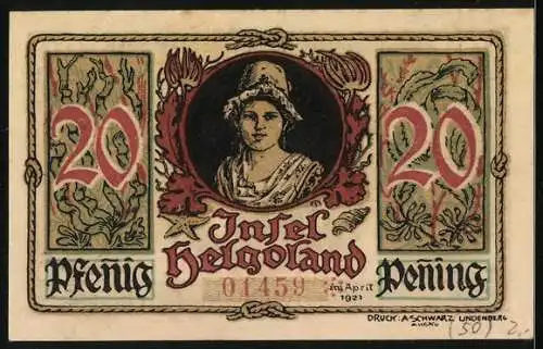 Notgeld Helgoland 1921, 20 Pfennig, Frau in lokaler Tracht