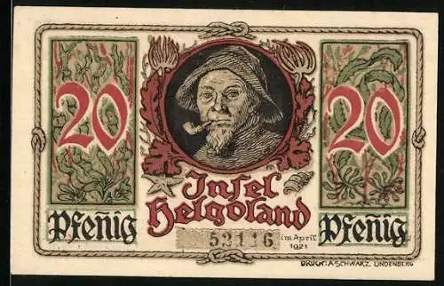Notgeld Helgoland 1921, 20 Pfennig, Seemann in Arbeitskleidung mit Pfeife